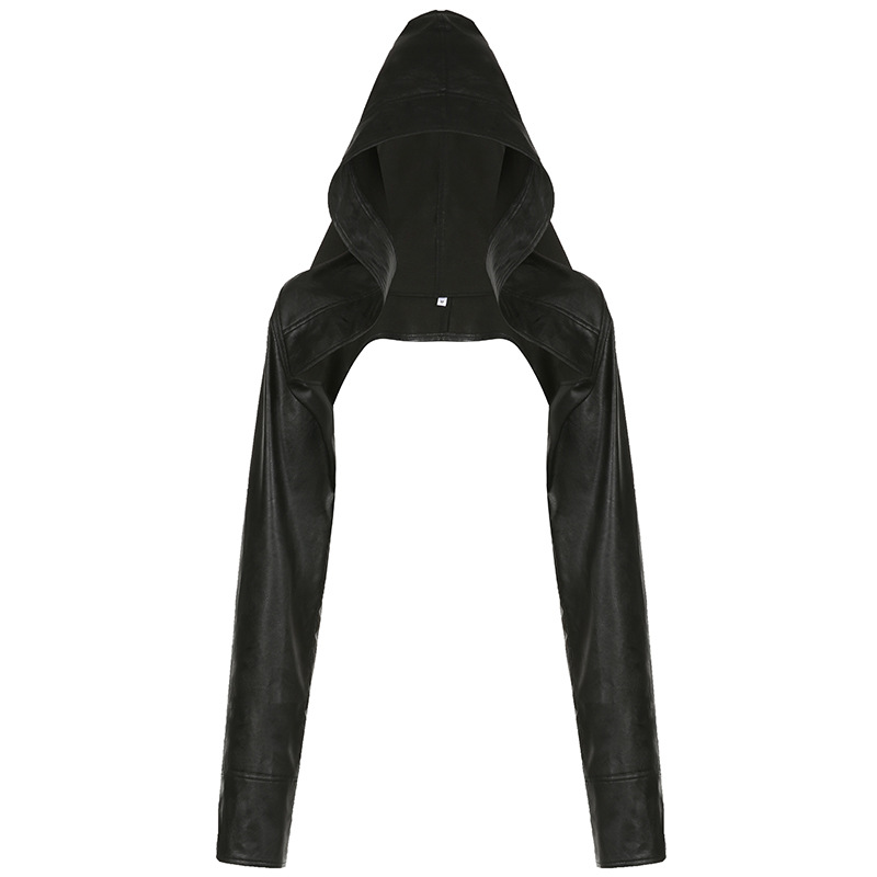 Autumn and Winter new European and American style personalized leather coat solid color loose hooded leather blouse hot girl irregular leather top