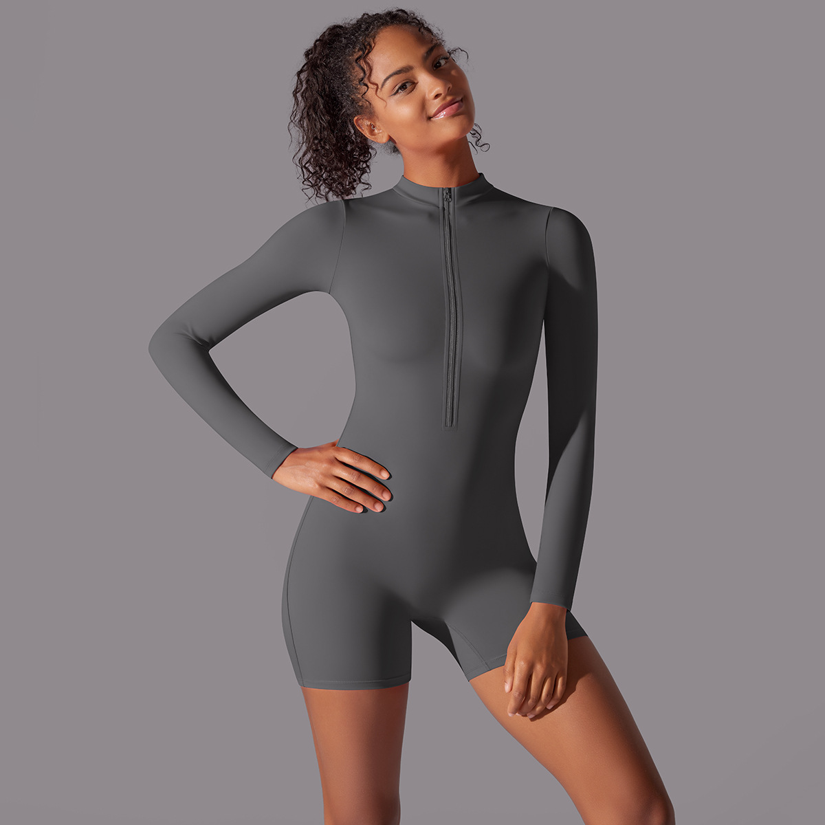 European and American new open collar zipper long sleeve jumpsuit dance fitness sports jumpsuit sexy tight yoga clothes for women