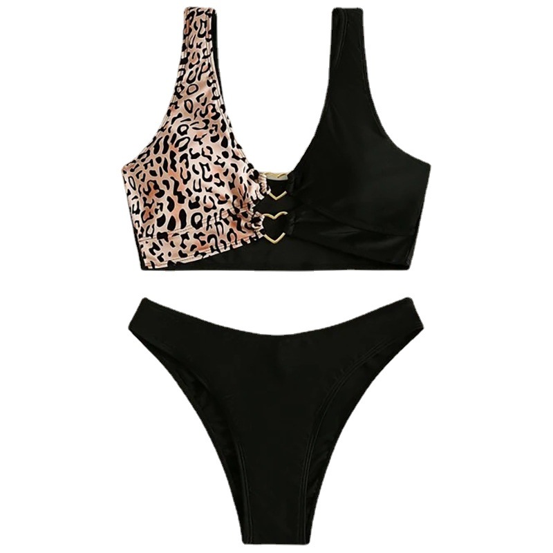 2022 European and American new split swimsuit women's sexy leopard print contrast color stitching Amazon foreign trade bikini
