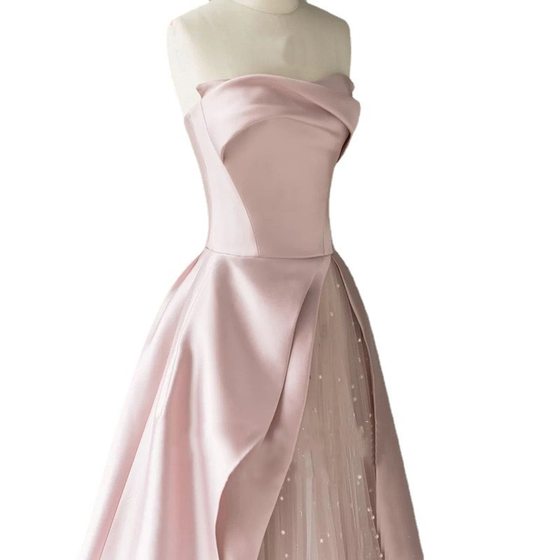 Pink Strapless Evening Dress Dress 2023 Autumn New Engagement Banquet Toast Dress Birthday Party Host Evening Dress