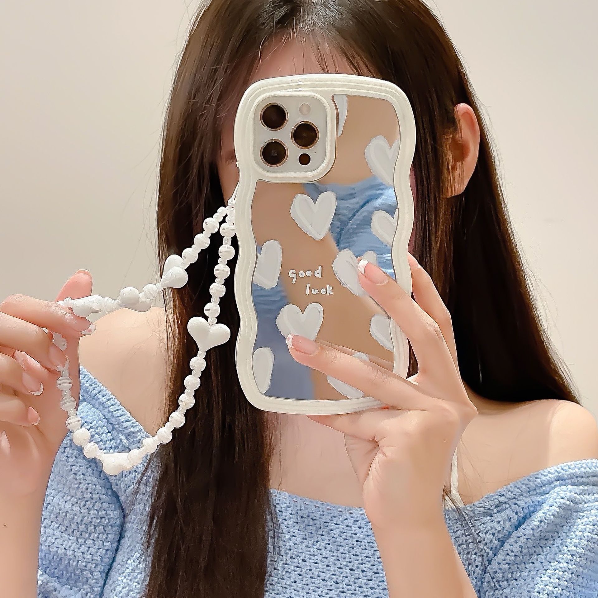 波浪邊鏡面白色愛心iPhone15蘋果13Promax防摔手機殼可拆卸X/XS