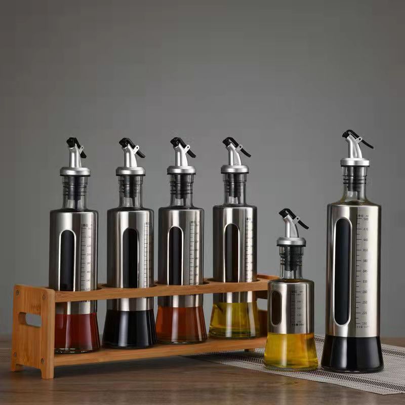 Graduated Glass Oil Bottle Oil Pot Stainless Steel Vinegar Bottle Wine Bottle Household Large Capacity Pot Kitchen Oil Control Pot