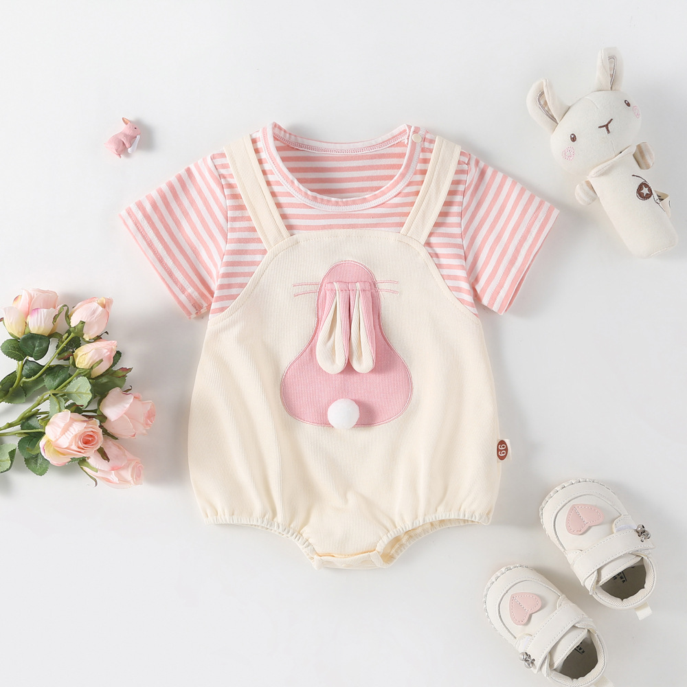 2024 summer jumpsuit fake two-piece package fart clothes baby girl cotton ha clothes thin one hundred days photo go out climbing clothes