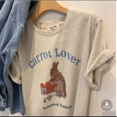 Grey Shoulder Printed High-end T-shirt Women's 2022 Summer New Loose Niche Cute Rabbit Short-sleeved Top