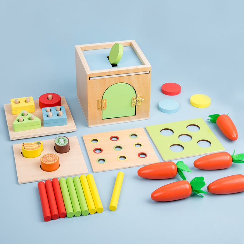 Cross-border New Children's Early Education 6-in -1 Intelligence Box Mengshi Unlock and Pull Radish Shape Set Column Fruit Matching Toy - ShopShipShake