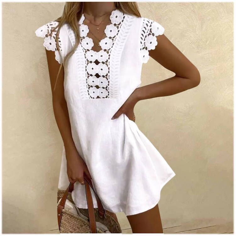 Amazon AliExpress wish independent station cross-border ladies solid color washed wrinkled lace summer cool dress