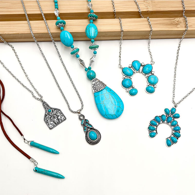 Cross-border hot sale turquoise necklace suit women's bohemian Retro personality geometric pendant jewelry wholesale