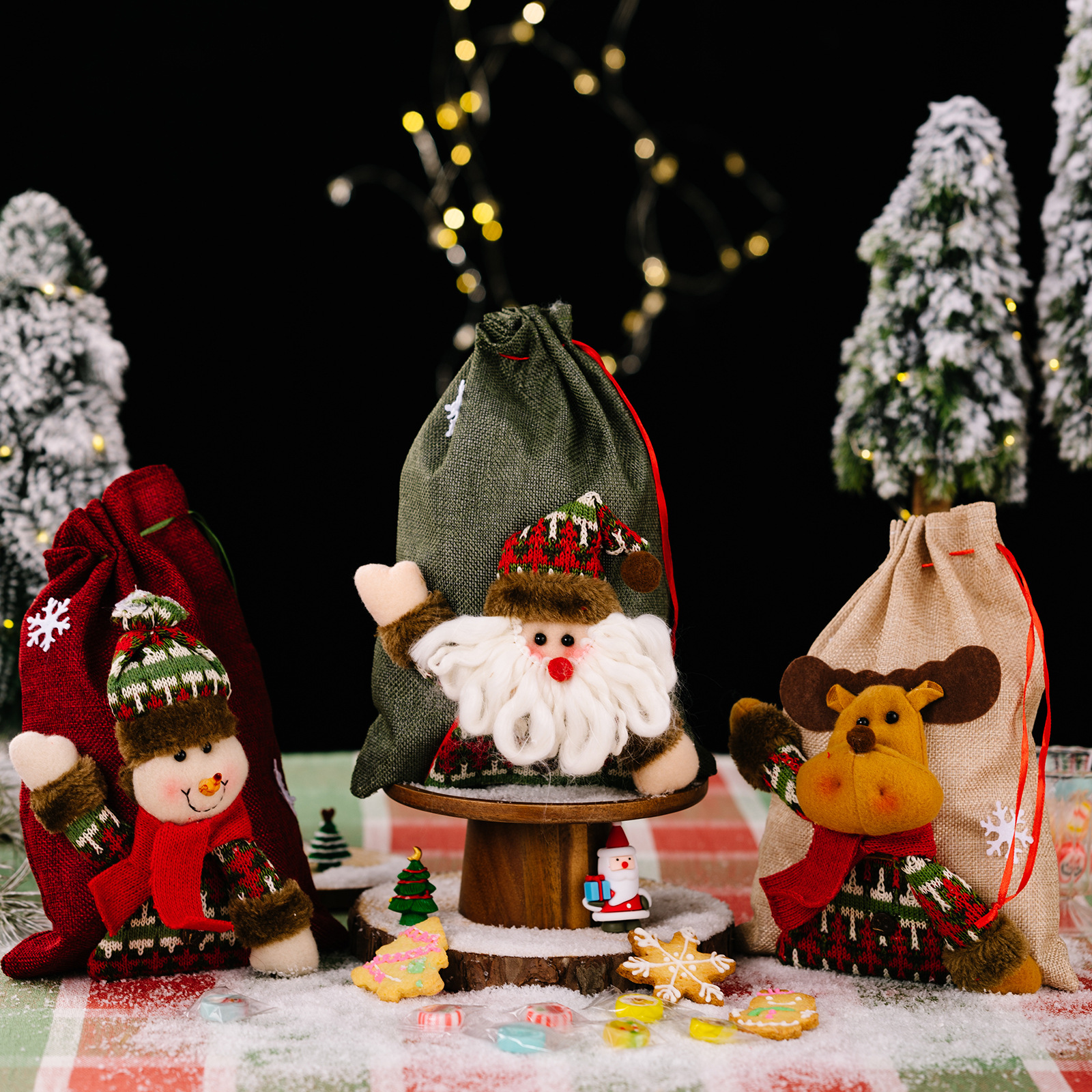 Noel yeni süslemeleri çizgi film figürü keten hediye çantası Santa Elk kardan adam saklama çantası dekorasyonu_voghion.com