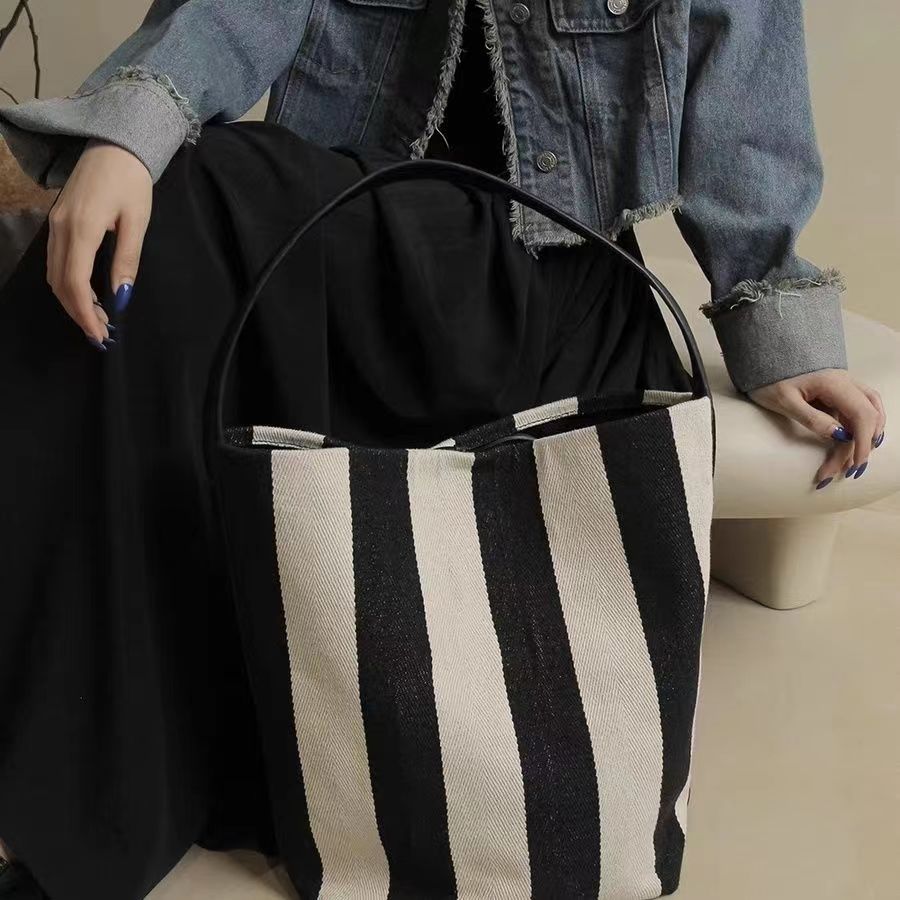 Striped canvas bag bucket bag women's large capacity bag women's New 2023 shoulder bag large bag women's bag