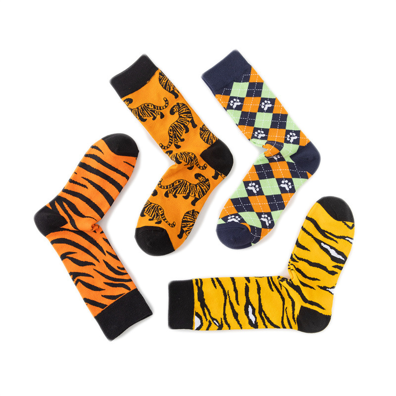 Casual Four Seasons Socks European and American Men's Tiger Cartoon Socks Wholesale Tiger Year Cotton Mid-tube Socks Women's Leopard Print Cross-border Animal Socks