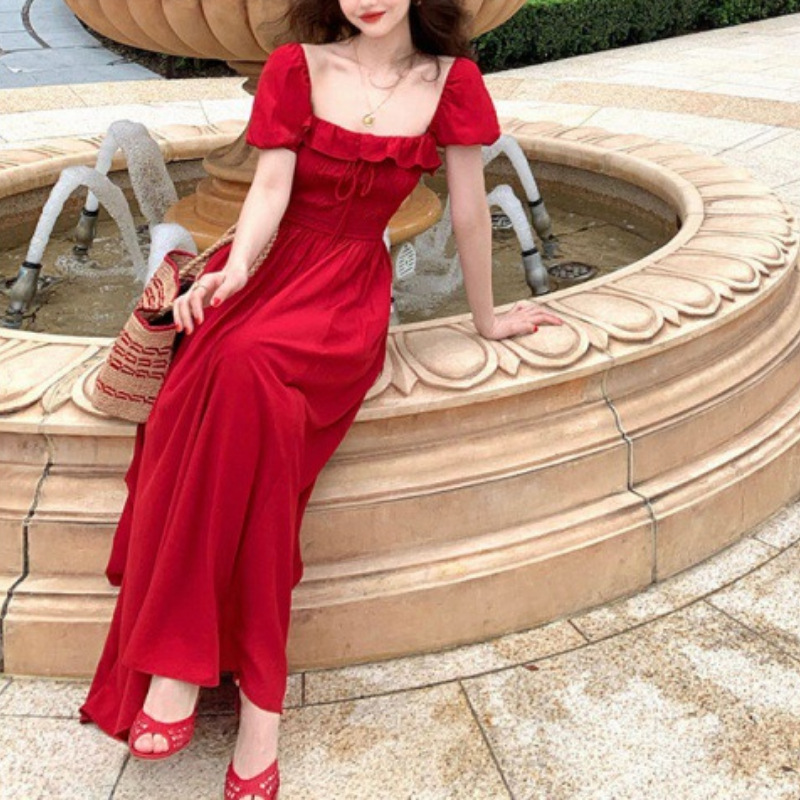 Wine noon homemade retro temperament age-reducing waist-slimming design long skirt trendy style retro square collar short sleeve dress