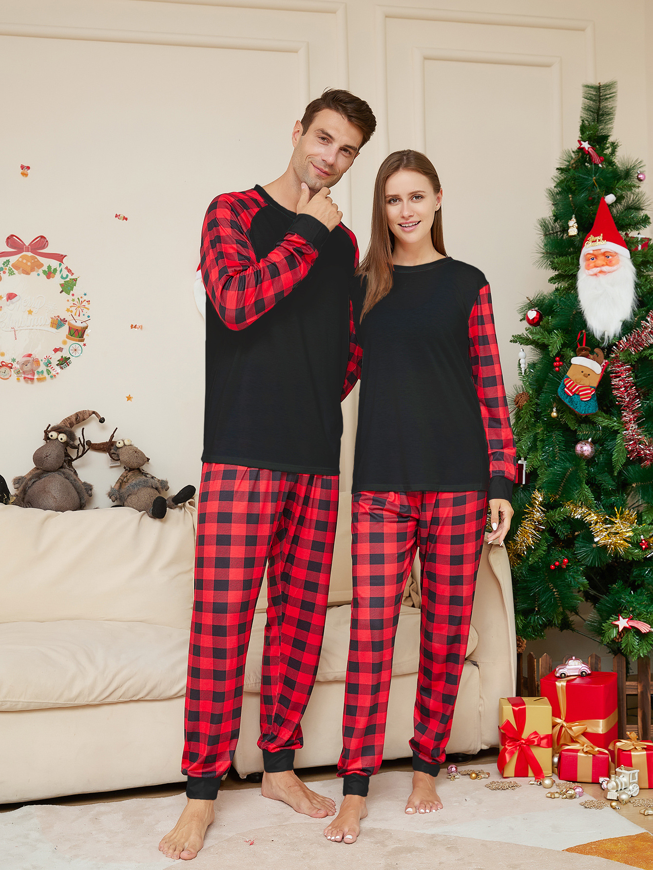 European and American Amazon Independent Station 2023 New Christmas Solid Color Plaid Printed Parent-Child Home Clothes Pajamas Set
