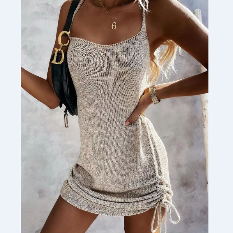 2023 European and American AliExpress summer women's new sleeveless lace-up loose Beach sling sweater dress needle