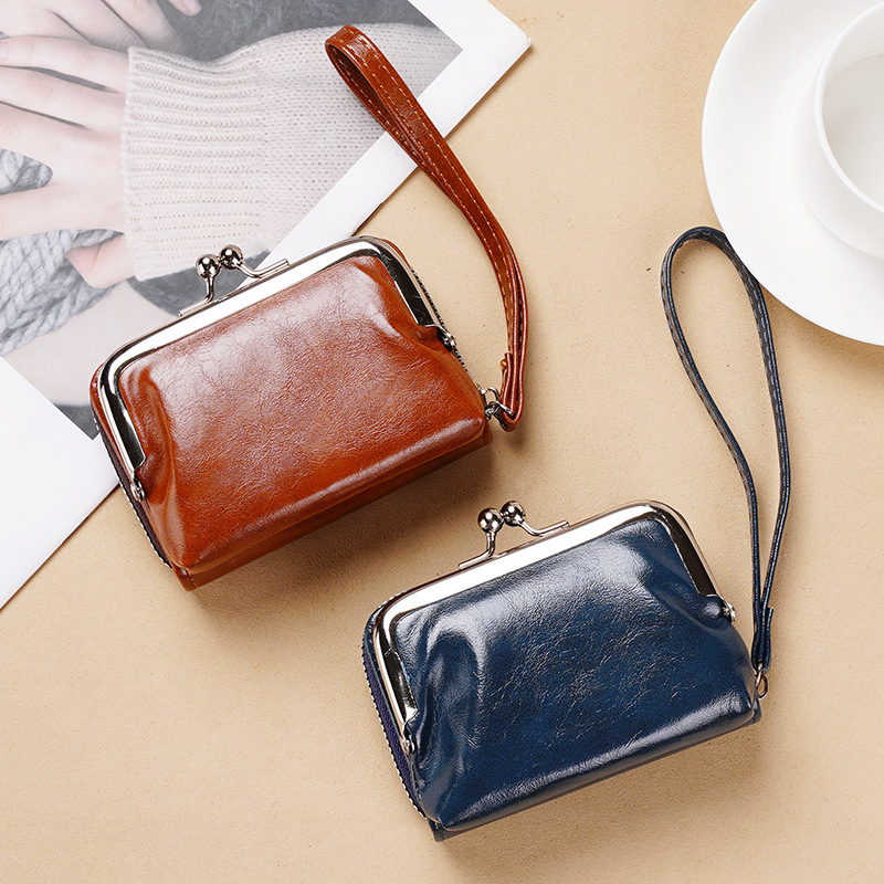 Vintage leather change small bag clip buckle multi-compartment card holder hand strap coin bag gift bag
