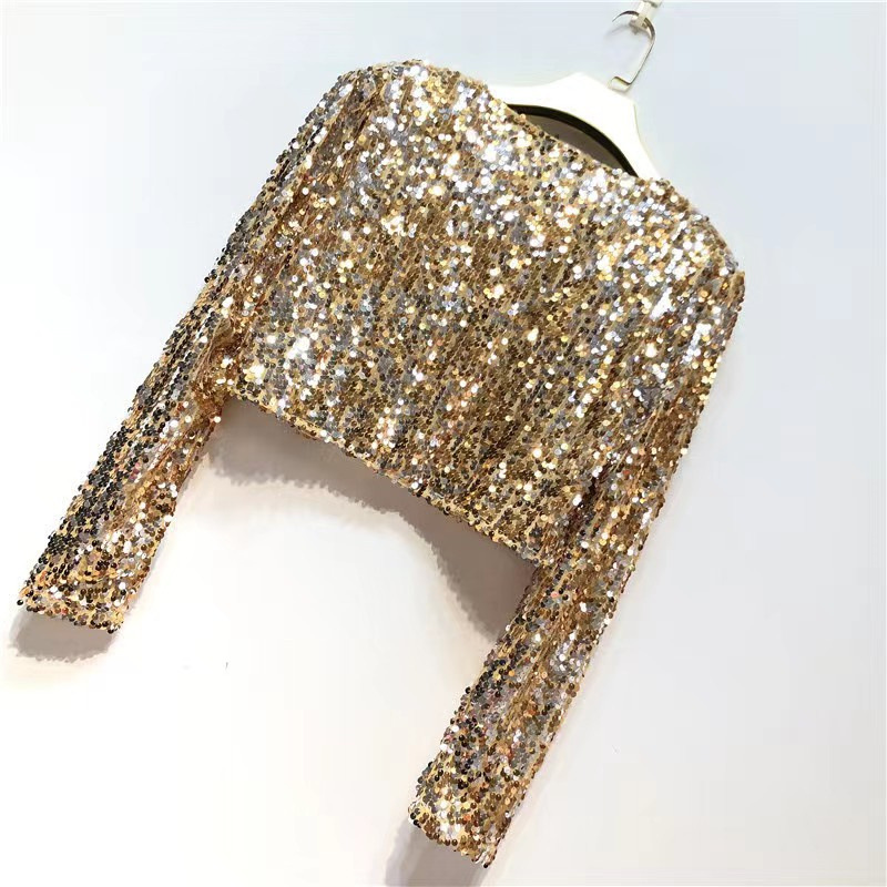 European and American Foreign trade sequined short all-match long-sleeved short coat women's fashion sequined small suit top cardigan performance clothing