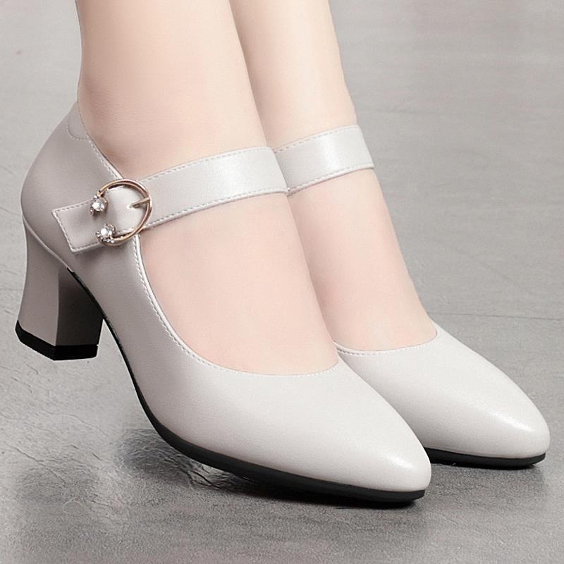 Mom's shoes for spring and autumn new soft sole thick heels one-liner high heels single shoes for women's mid-heel round-toe women's leather shoes