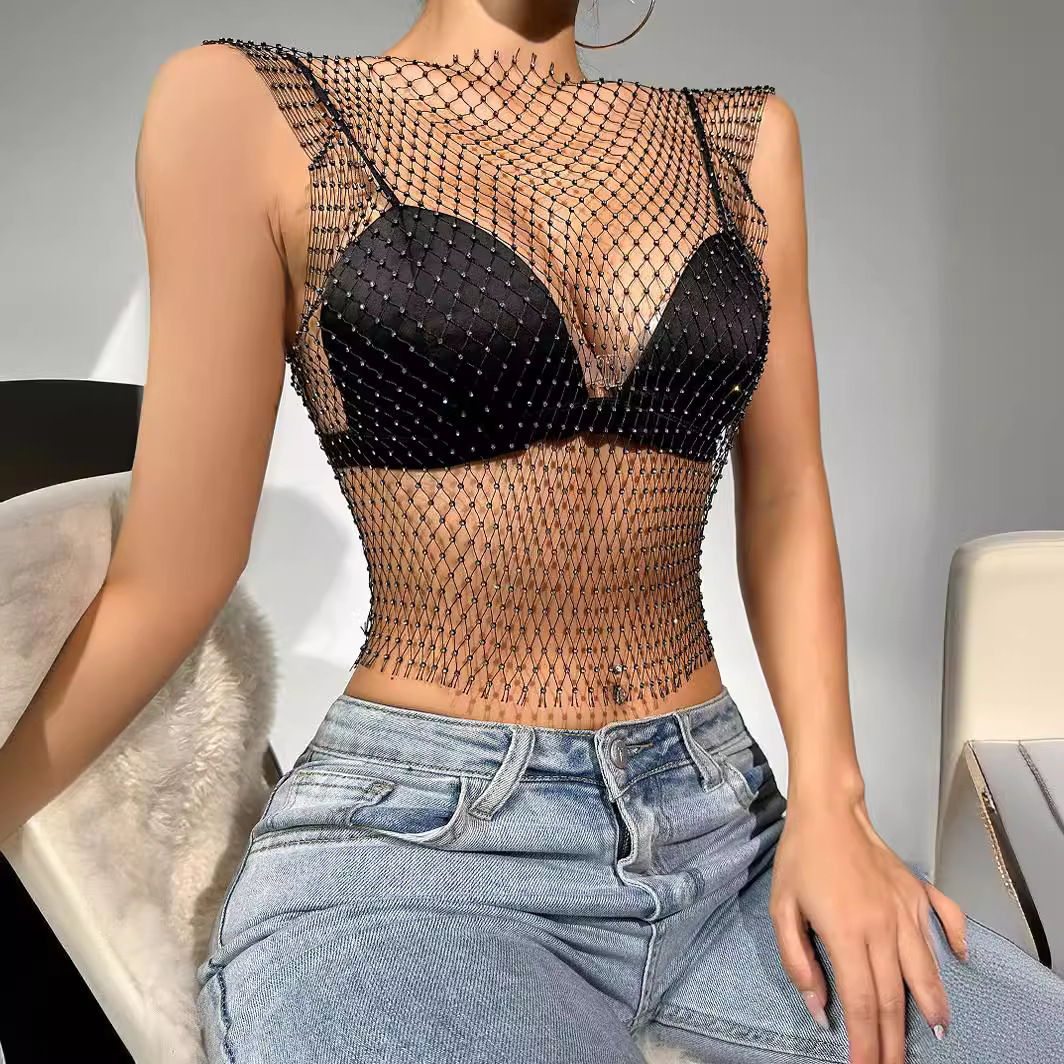Amazon Cross-border Sexy Nightclub Women's European and American Fishing Net Hollow Rhinestone Vest Mesh Flash Diamond Strap Top Women