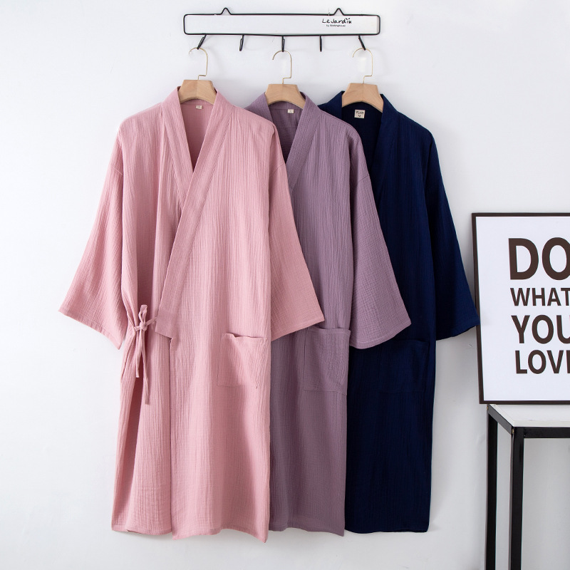 Japanese Couple's Nightgown Women's Nightgown Spring and Autumn Kimono Pure Cotton Men's Large Size Lace-up Hanfu Bathrobe Sweatshirt