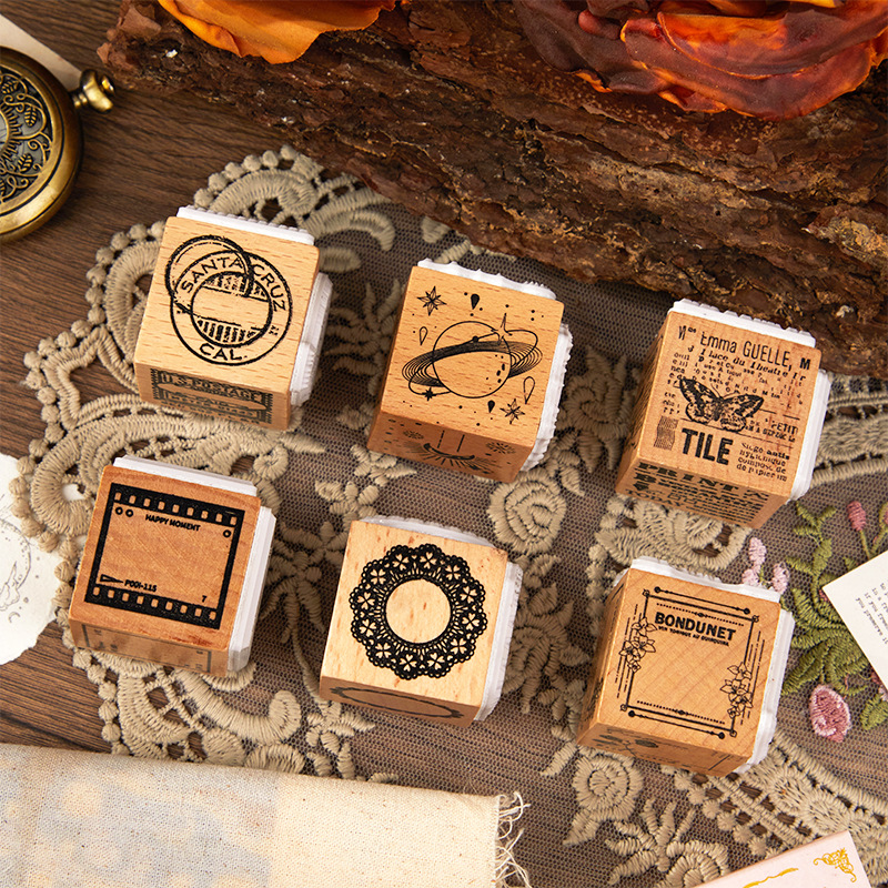 Cross-border light picking three-in-one wooden seal long Moon Star series retro hand account DIY decorative printing 6 models