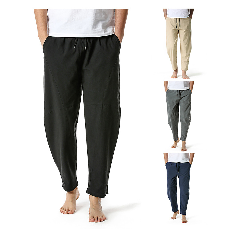 Men's linen cotton loose casual lightweight elastic waist pants yoga pants home pants K04