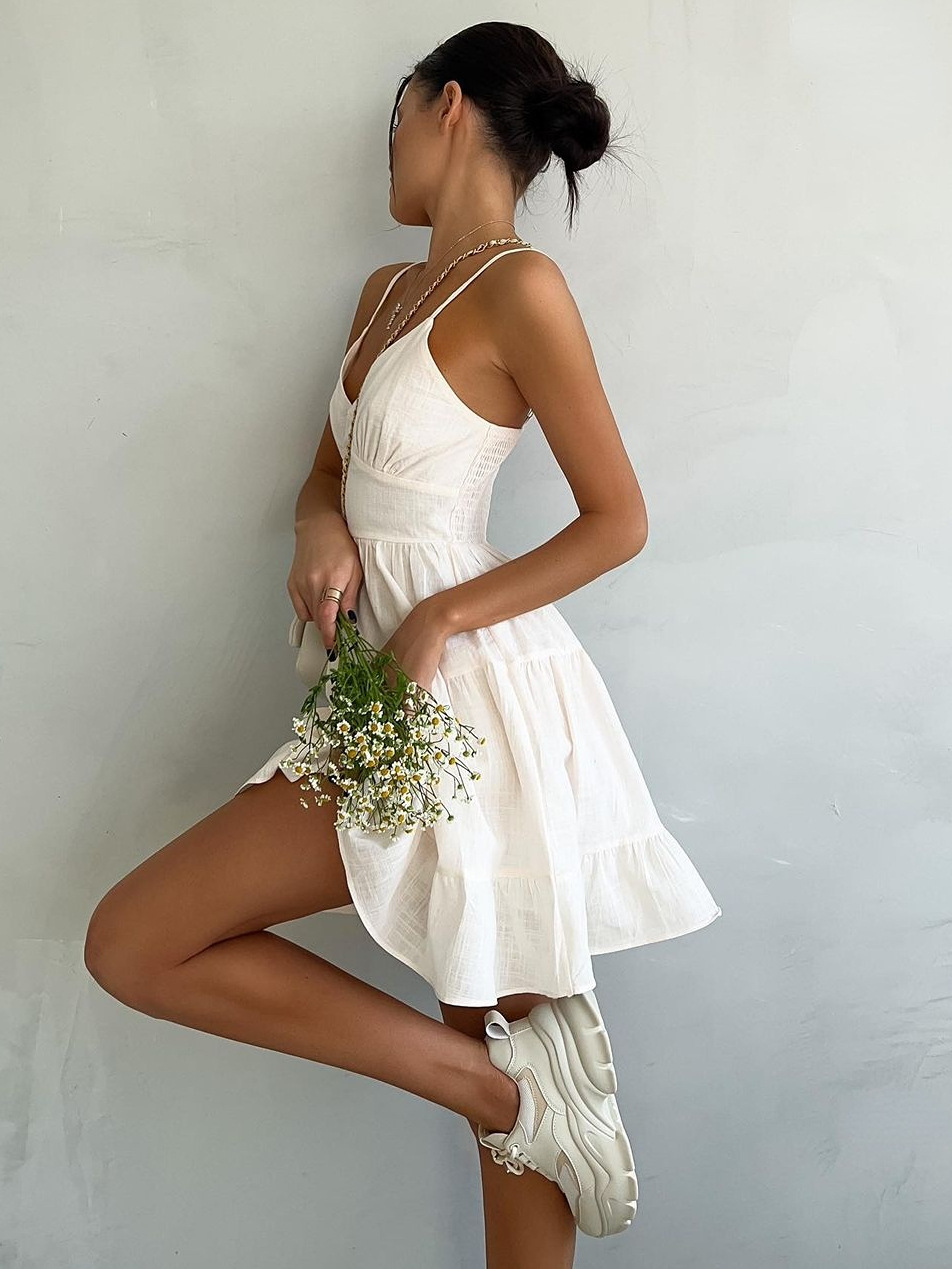 Cross-border Linen Sling dress European and American 2024 Summer Sleeveless Sexy Slim-fit Back Sling Spice Girls Sling Skirt