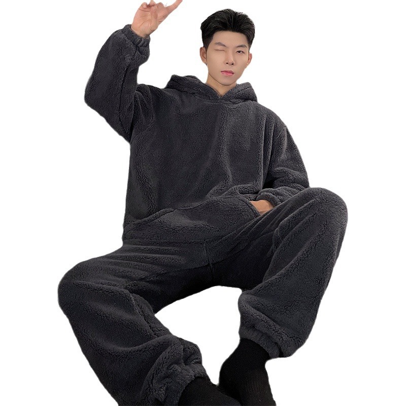 Autumn and Winter new pajamas men's thickened flannel hooded pullover solid color casual warm simple coral fleece home wear