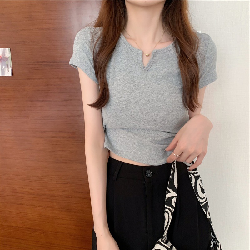 Summer cropped solid color short-sleeved T-shirt women's sexy foreign trade Women's fashionable small V-neck short design slim top women