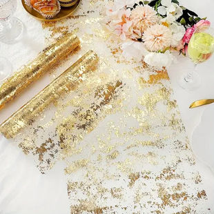 Cross-border Party wedding table decoration table runner gilding foil polyester mesh tablecloth dinner event banquet arrangement