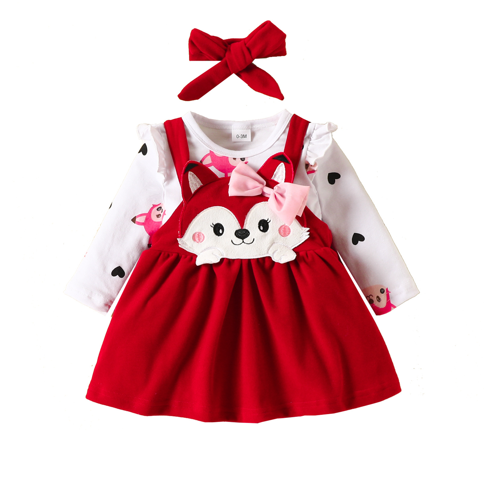 Baby autumn and winter cartoon fox love printed long-sleeved romper bow strap dress suit bow fashion