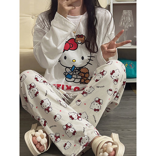 Spring and Autumn pajamas women's loose round neck cute Hello Kitty home wear simple casual long sleeve trousers two-piece suit