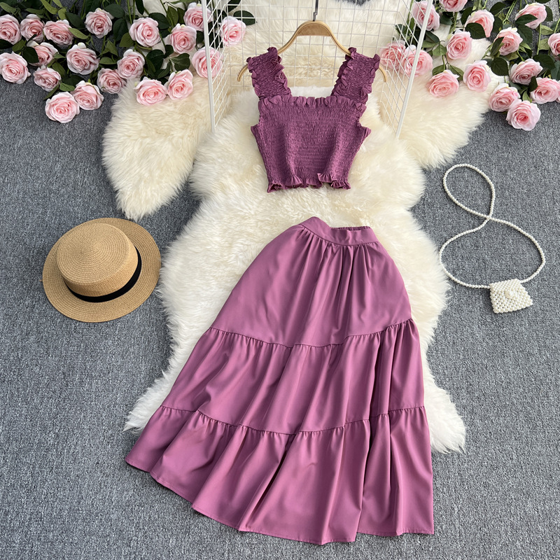 Seaside Holiday Fashion suit women's mid-length high waist A- line cake skirt two-piece western style camisole