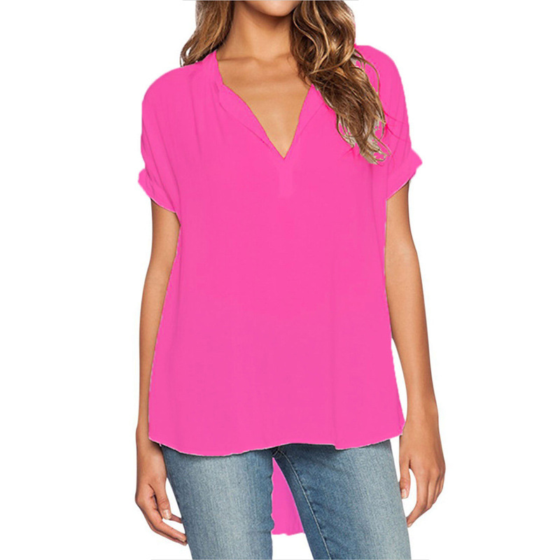 2017 Summer European and American Fashion New Women's V-neck Short Sleeve Front Short Back Long Loose Chiffon Shirt Top Shirt Women's