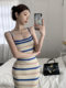 2023 striped knitted sling dress women's spicy girl elegant waist hip skirt mid-length retro sleeveless skirt