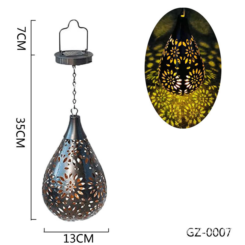 Cross-border wrought iron solar lamp hollow courtyard landscape lawn lamp garden decoration water drop pendant chrysanthemum projection