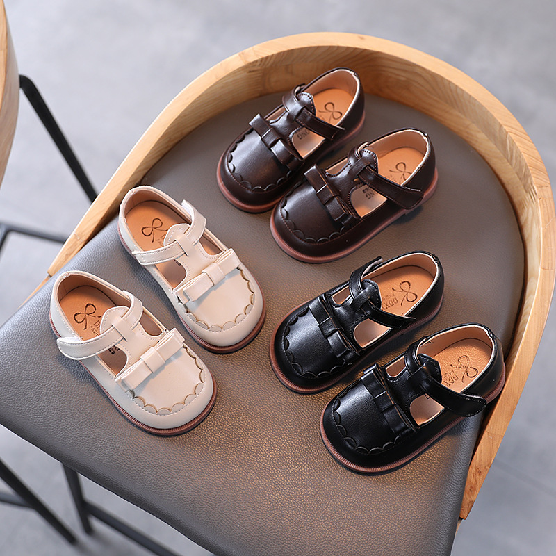 Girls' Leather Shoes Korean Style Spring and Autumn 2023 New Baby Girl Bow Princess Shoes Solid Color Soft-soled Casual Shoes
