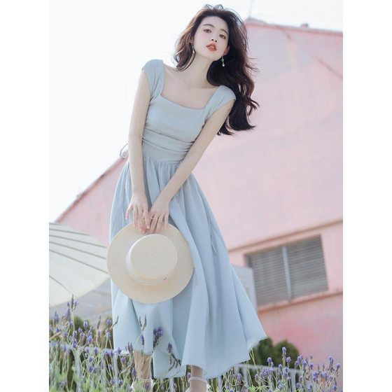 Vintage Minute Style Women's Square Collar French Dress Long High Waist Slimming Skirt Women's Summer Long Dress Summer 2024