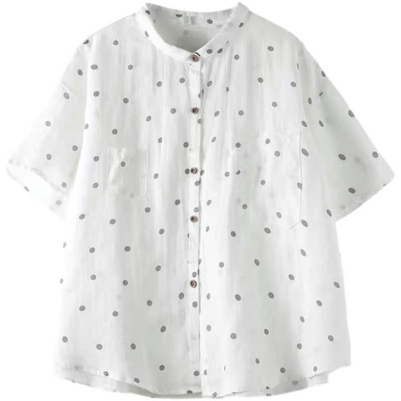 Artistic Retro Polka Dot Cotton Linen Shirt Women's Short-sleeved 2021 Summer Loose Large Size Mori Doll Collar Linen Top