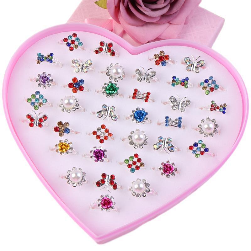 Children's Diamond Ring Exquisite Flash Adjustable Ring Love Box Set 36 Cartoon Girl Jewelry