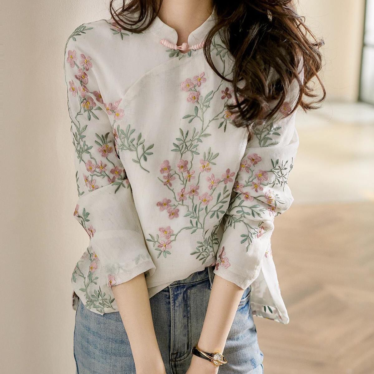 Printed 2023 Summer Chinese Modified Cheongsam Top Peach Blossom Shirt Vintage Button Long Sleeve Printed Shirt for Women