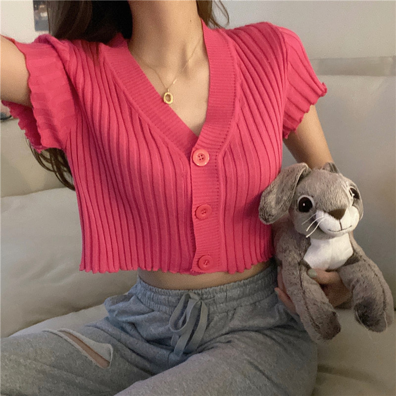 2023 New Retro French Slim Fit Short V-Neck Sweater Short Sleeve Top Cardigan Women
