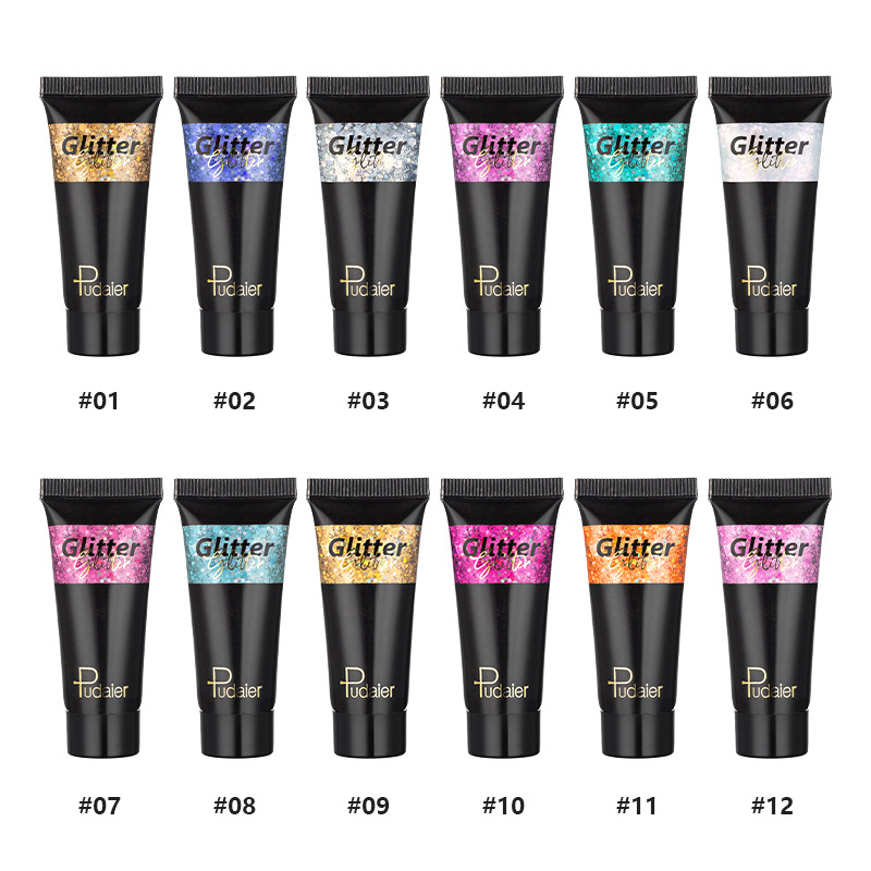 Cross-border makeup Pudaier12 color liquid eye shadow monochrome glitter eye shadow liquid stage makeup face body sequins