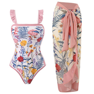 2023 Foreign Trade New Flashside Women's Swimwear European and American French Retro Belly-Covering Slimming Swimwear Chiffon Beach Dress