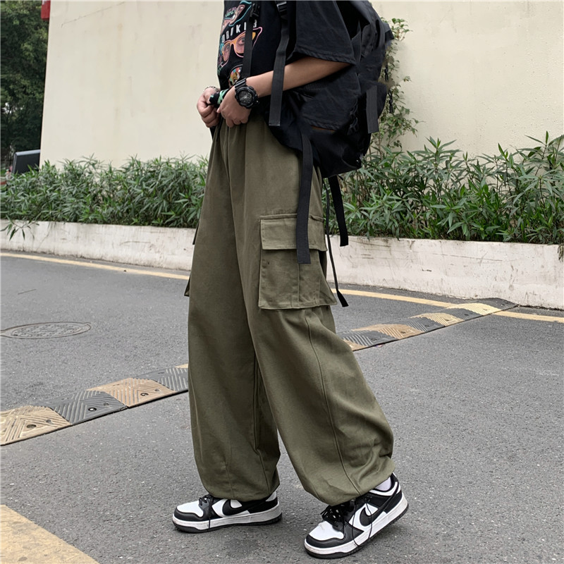 Japanese Style Retro Pants Men's Solid Color Wide-Leg Washed Cotton Overalls Trendy Brand Straight Loose Casual Pants for Men and Women