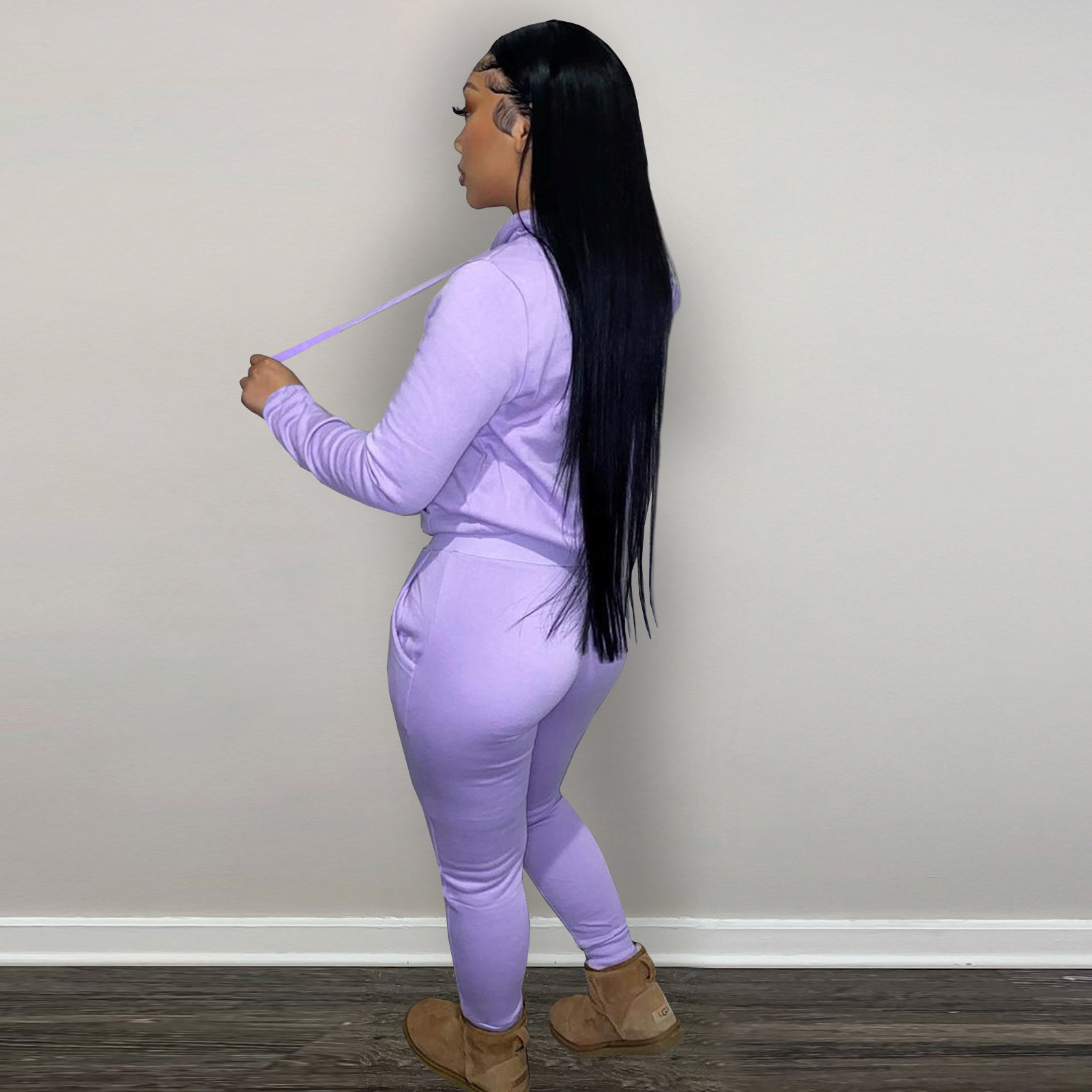 HR8197 European and American women's clothing  independent station supply autumn and winter plus velvet drawstring hooded two-piece set_voghion.com