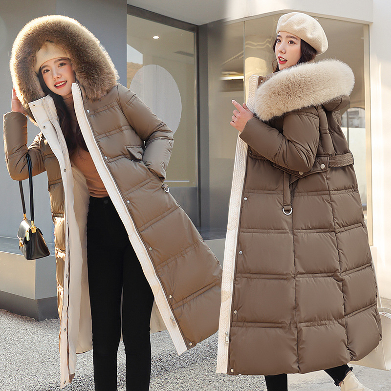  Winter New Down Cotton-padded Jacket Women's Long Over-the-Knee Large Wool Collar Slim-fit Slimming Waist Coat Cotton