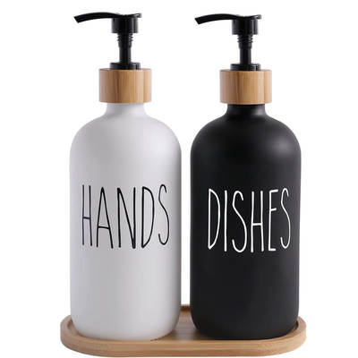 Amazon Glass 500ml Boston Hand Sanitizer Pump Black and White Bottles Wooden Cap Soap Dispenser Shampoo Bottle