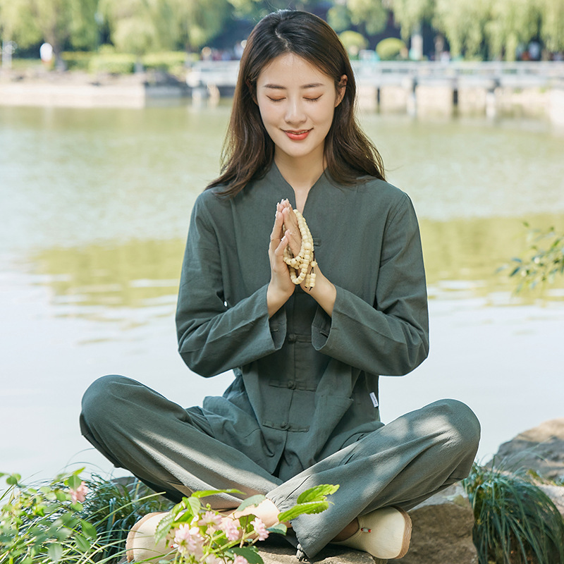Add velvet padded Zen tea clothing cotton and linen health technician clothing Han clothing moxibustion overalls tea ceremony clothing a generation of hair