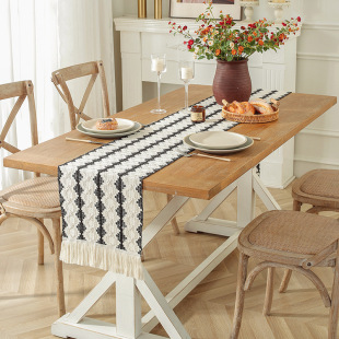 Table runner cotton and linen striped stitching two-color woven tassel table runner modern simple long tablecloth porch cover towel wholesale