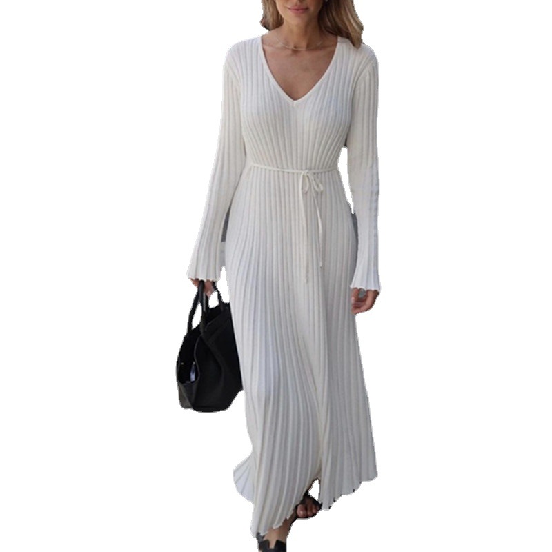 2024 Cross-border Autumn and Winter New Knitted dress Casual Waist V-Neck Big Pit Slim Knitted Dress Women