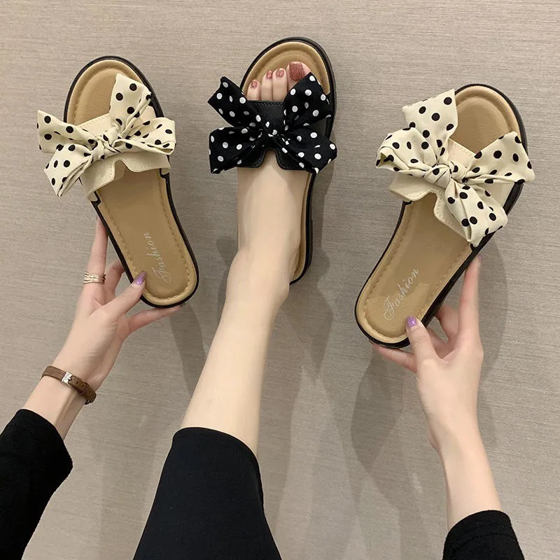 2024 Summer new bow slippers outer wear Korean flower beach shoes sandals women's net red ins flat shoes